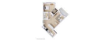 A floor plan of a small apartment with a kitchen, living room, and two bedrooms.