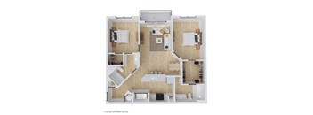 A floor plan of a house with a kitchen, living room, and two bedrooms.