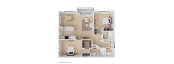 A floor plan of a house with a kitchen, living room, and bathroom.