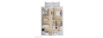 A floor plan of a small apartment with a kitchen, living room, and bathroom.