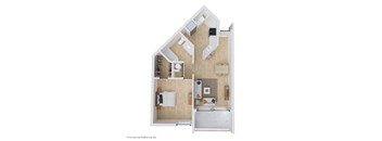 A floor plan of a small apartment with a kitchen, living room, and bathroom.