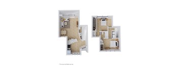 Two images of a dollhouse interior with a note that floor type and finishes may vary.