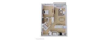 A floor plan of a small apartment with a kitchen, living room, and bathroom.