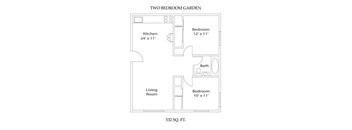 A floor plan of a two bedroom garden apartment.