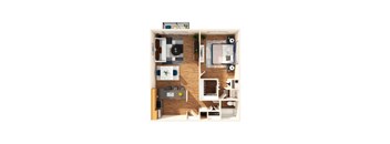 A top-down view of a small apartment with a kitchen, living room, and bedroom.