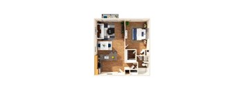 A small apartment layout with a bedroom, living room, and kitchen.