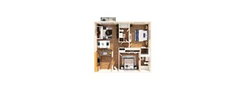 A small apartment with a living room, kitchen, and bedroom.