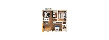A top-down view of a small apartment with a kitchen, living room, and bedroom.