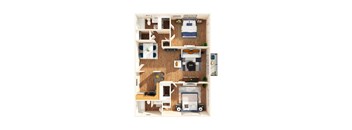 A top-down view of a small apartment with a kitchen, living room, and bedroom.