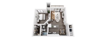 A floor plan of a small apartment with a kitchen, living room, and bathroom.