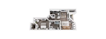 A top-down view of a house layout with a kitchen, living room, and bedrooms.