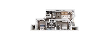A top-down view of a modern, open-plan apartment layout.