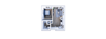 A floor plan of a small apartment with a bedroom and a bathroom.
