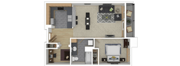 A top-down view of a small apartment layout with a kitchen, living room, and bathroom.