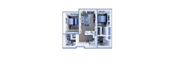 A diagram of a house layout with a kitchen, living room, and two bedrooms.