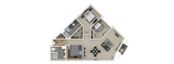 A floor plan of a house with a kitchen, living room, and two bedrooms.