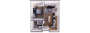 A top-down view of a small apartment with a bedroom, living room, and kitchen.