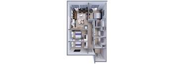 A 3D floor plan of a small apartment with a kitchen, living room, and bedroom.