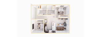 A dollhouse with a white interior and furniture.