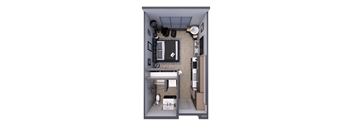A cutaway view of a small apartment showing the layout of the kitchen, living room, and bathroom.