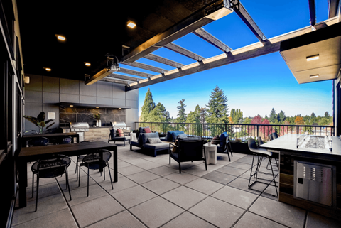 A modern outdoor kitchen with a view of the forest.