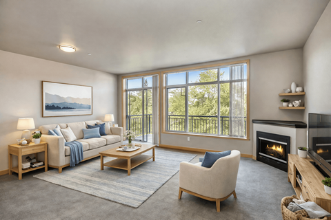 A living room with a fireplace and a couch.