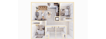 A top-down view of a small, neatly organized apartment with a kitchen, living room, and bedroom.