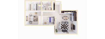 A 3D floor plan of a house with a living room, kitchen, and bedrooms.