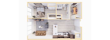 A top-down view of a small apartment with a kitchen, living room, and bedroom.