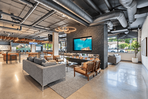 A modern living room with a grey sofa and a large TV mounted on the wall.
