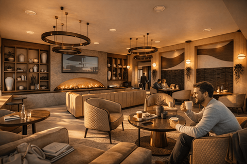 A man is sitting in a cozy lounge area with a coffee cup in his hand.