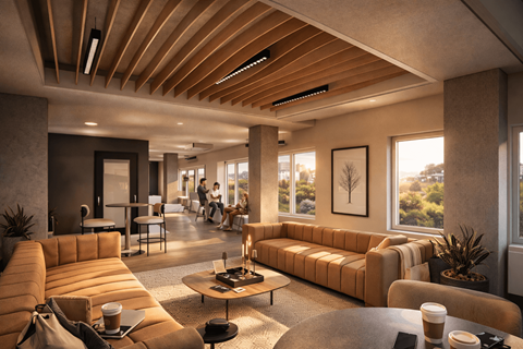 A modern living room with a large window and a wooden ceiling.