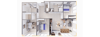 A top down view of a modern apartment layout.