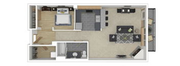 A floor plan of a small apartment with a bedroom, living room, and kitchen.