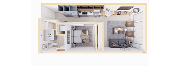 A 3D floor plan of a house with a kitchen, living room, and bedrooms.