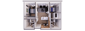 A dollhouse with a kitchen, living room, and bedroom.
