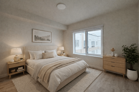 A bedroom with a large bed, a nightstand with a lamp, a window, and a plant.