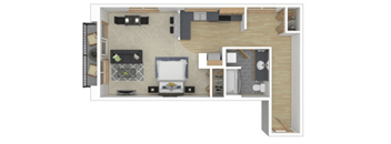 A floor plan of a small apartment with a kitchen, living room, and bathroom.