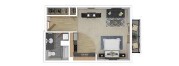 A floor plan of a small apartment with a bedroom, living room, and kitchen.