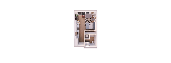 A dollhouse with a white background and a brown floor.