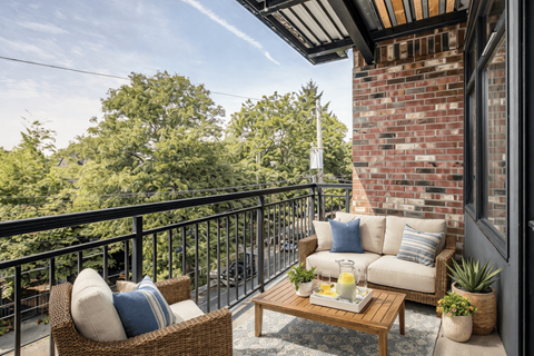 A balcony with a sofa, wicker chair, and a coffee table with a tray of food on it.