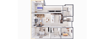 A top-down view of a small apartment with a kitchen, living room, and bedroom.