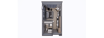 A small room with a bed, desk, and chair.