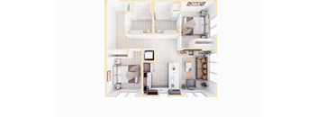 A top-down view of a small, neatly organized apartment.