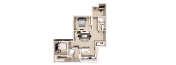 A floor plan of a small apartment with a kitchen, living room, and two bedrooms.