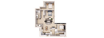 A floor plan of an apartment with a kitchen, living room, and two bedrooms.