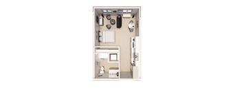 A top-down view of a small, neatly organized bedroom with a bed, desk, and chair.