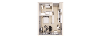 A top-down view of a small, neatly organized apartment with a kitchen, living room, and bathroom.