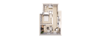 A floor plan of a small apartment with a kitchen, living room, and bathroom.