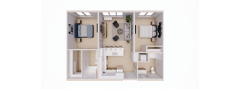 A white and beige dollhouse with a bed, chair, and kitchen area.